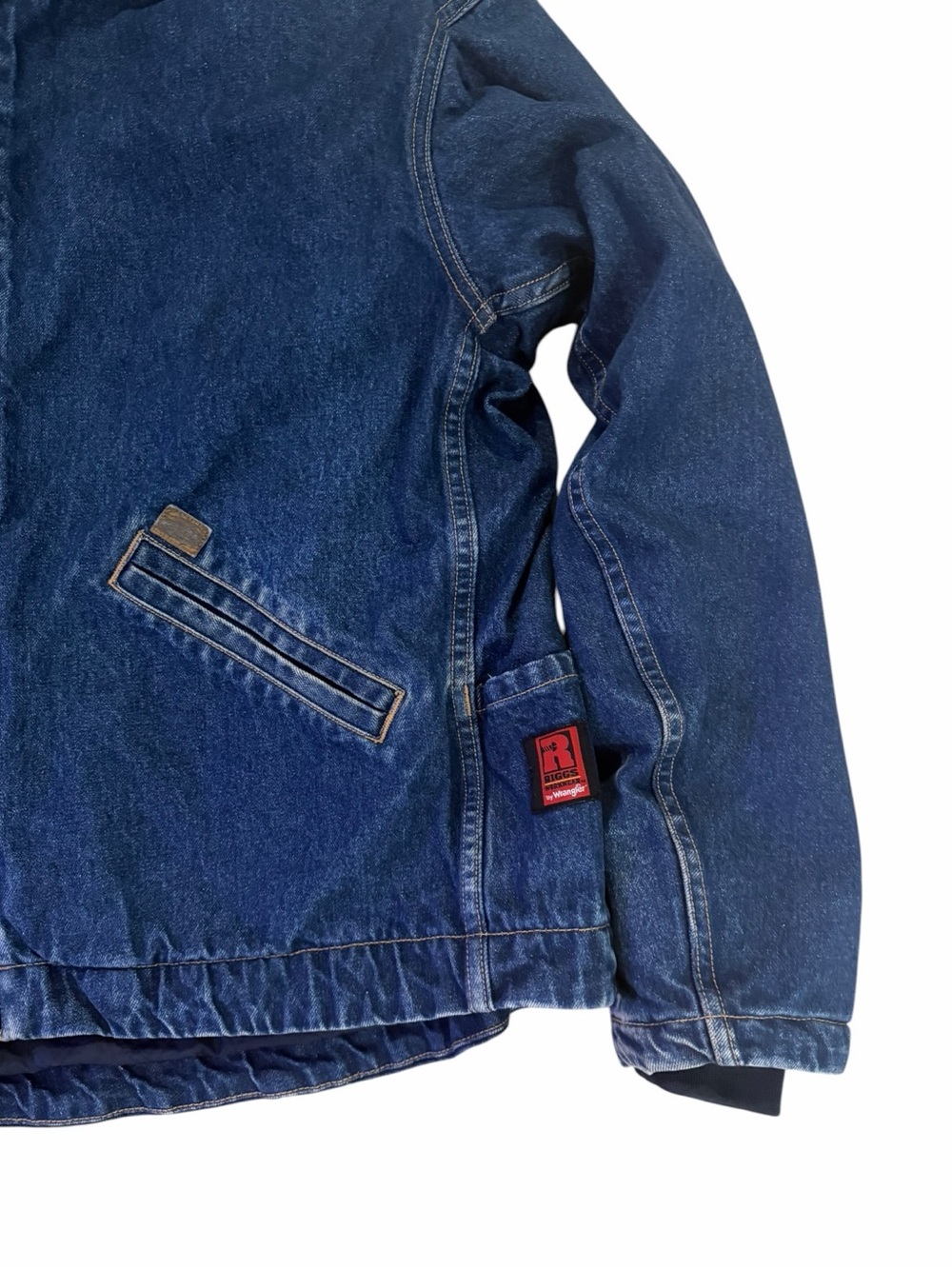 VTG Wrangler Riggs Denim Hooded Winter Jacket Work Quilt Lined Chore Mens Y2K - Picture 5 of 9